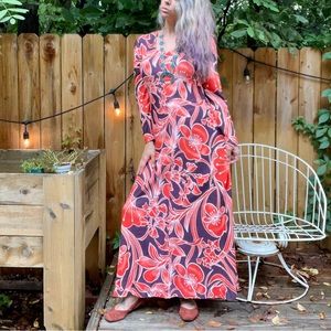 Vintage handmade 60’s 70’s Hawaiian long sleeve tropical floral print maxi dress